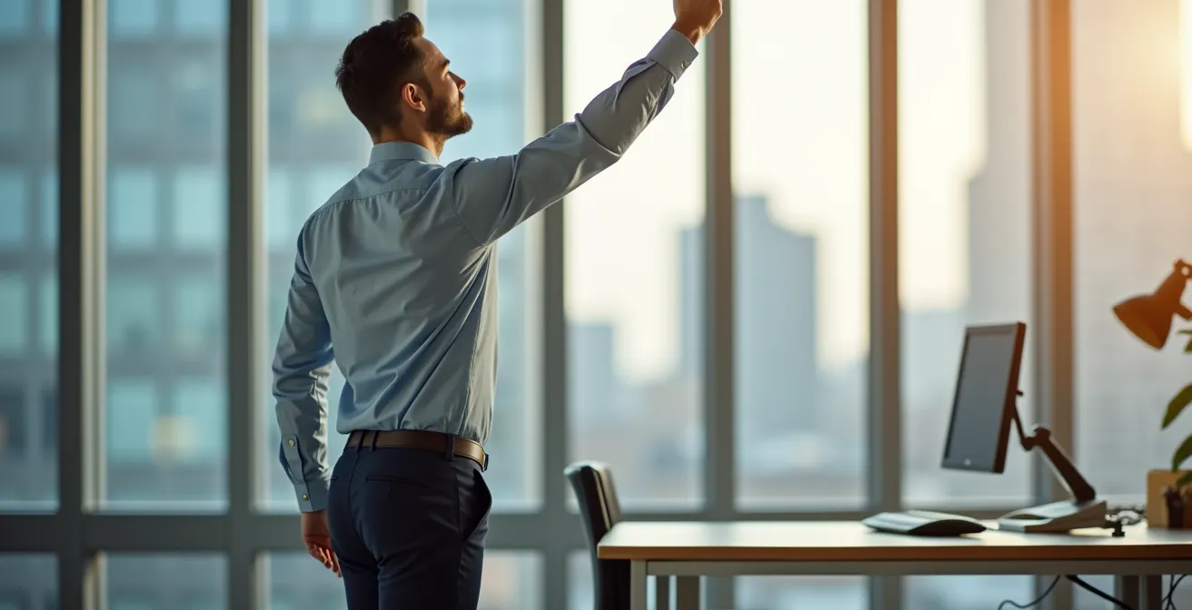 Employé québécois en pause active près de son bureau moderne