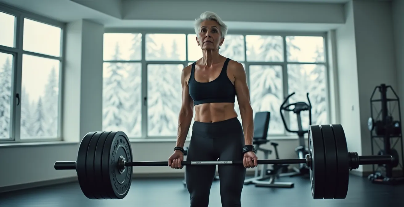 Femme senior québécoise pratiquant la musculation avec détermination dans un gym moderne