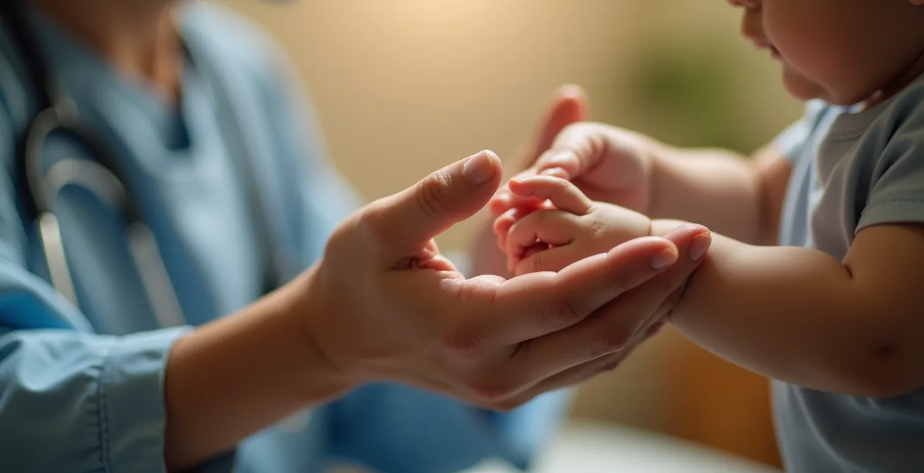 Parent rassurant un enfant pendant une consultation téléphonique médicale