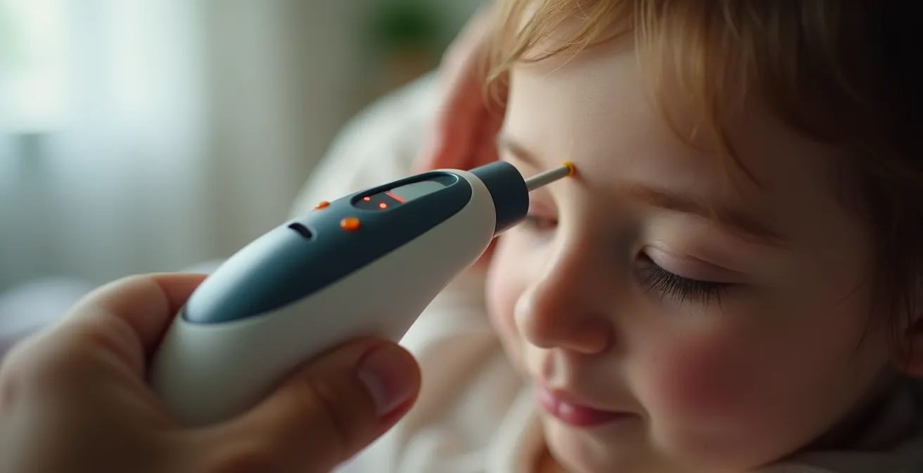 Parent québécois vérifiant la température frontale de son enfant avec thermomètre sans contact
