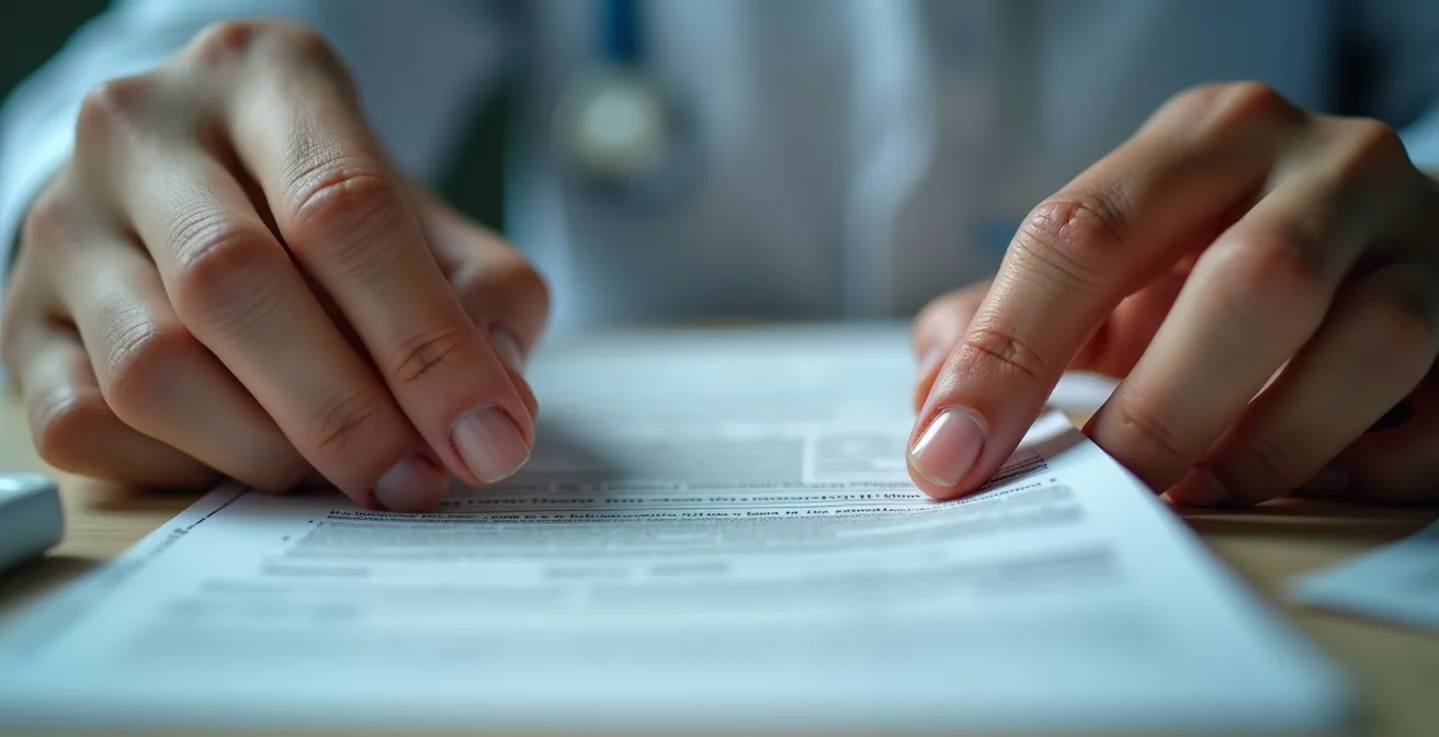 Gros plan sur des mains tenant délicatement des documents médicaux avec détails de texture