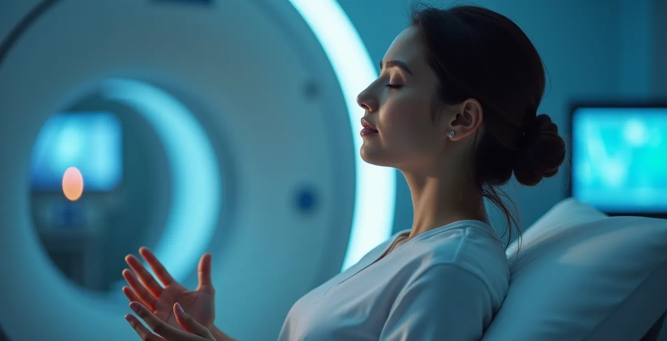 Vue latérale d'un patient allongé pratiquant des exercices de respiration avant un examen IRM