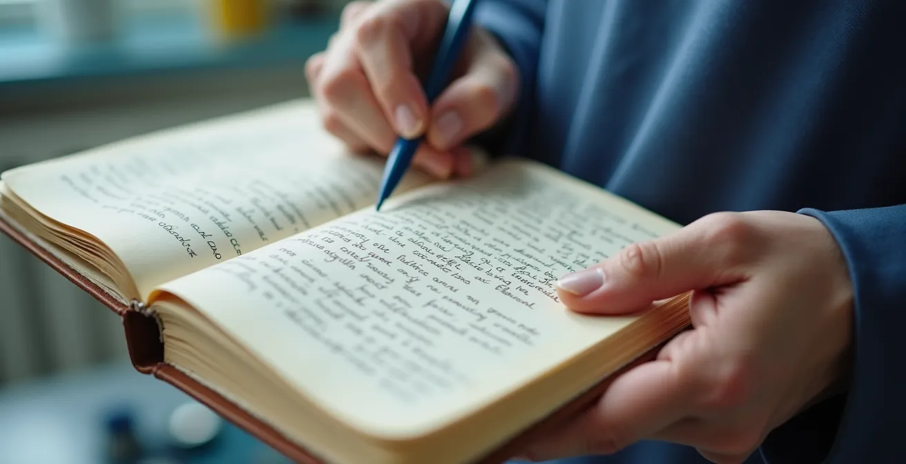 Gros plan sur les mains d'un patient tenant un carnet de notes lors d'une consultation médicale