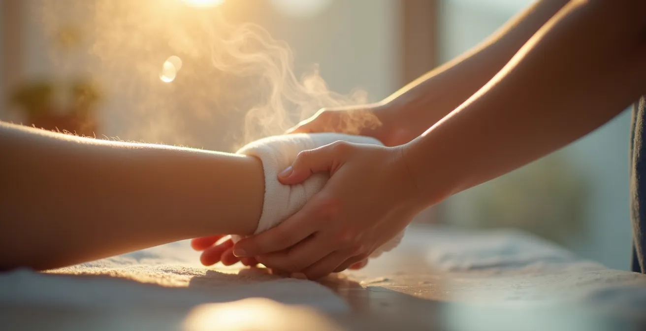 Patient appliquant une compresse chaude sur son bras pour dilater les veines avant une prise de sang