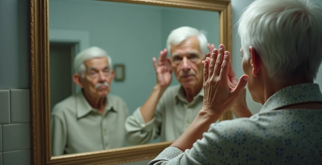 Personne âgée québécoise vérifiant la symétrie de son visage devant un miroir