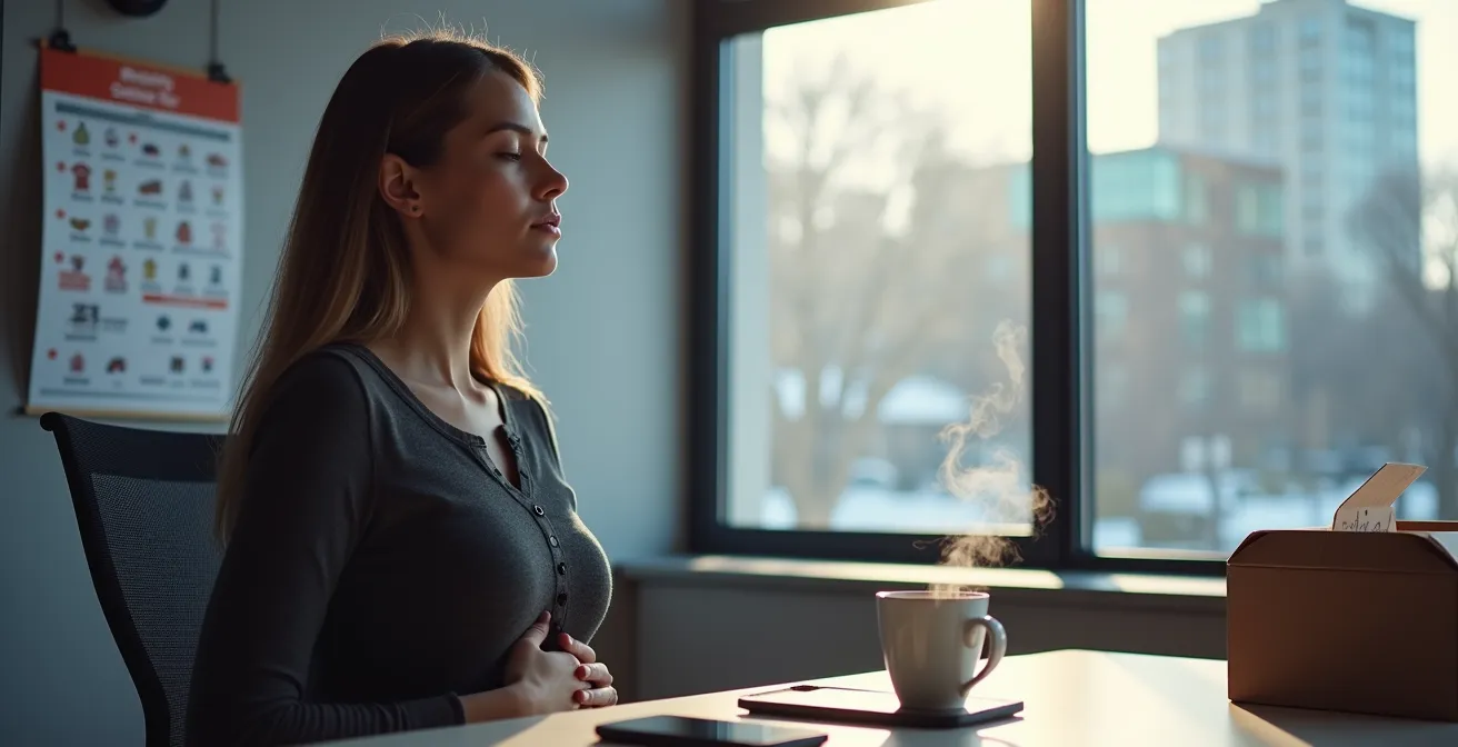 Professionnel québécois pratiquant la cohérence cardiaque avec une application mobile dans un bureau moderne