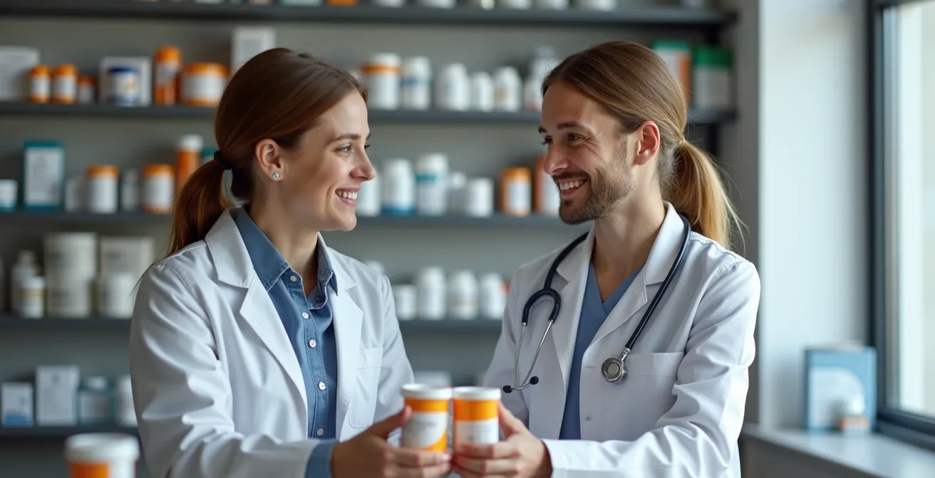 Pharmacien québécois consultant un dossier médical avec un patient dans une pharmacie communautaire