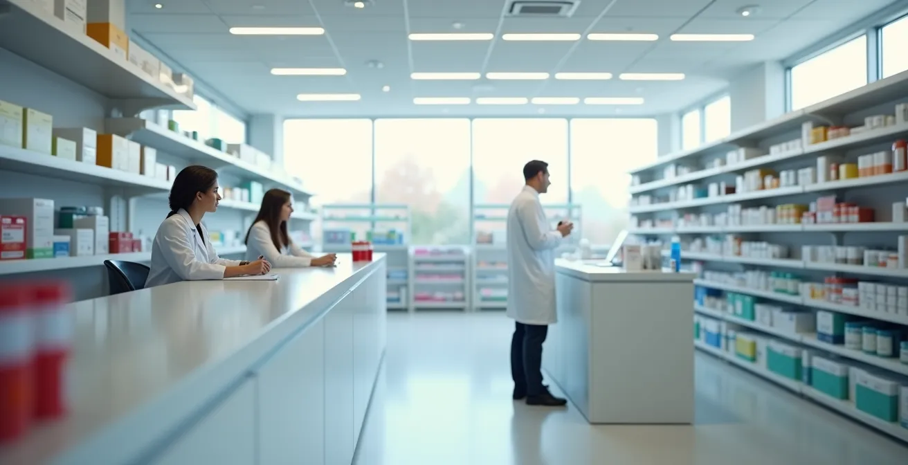 Pharmacien communautaire québécois expliquant un traitement à un patient dans une pharmacie