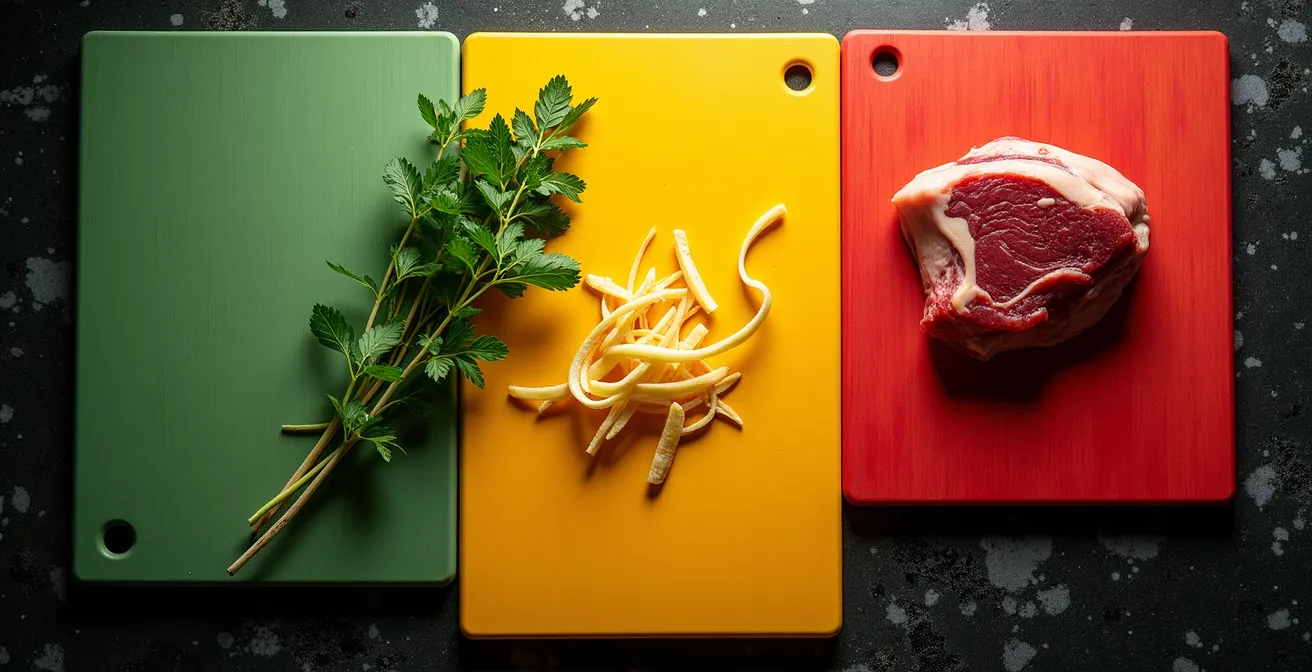 Planches à découper de différentes couleurs pour viandes et légumes dans une cuisine québécoise