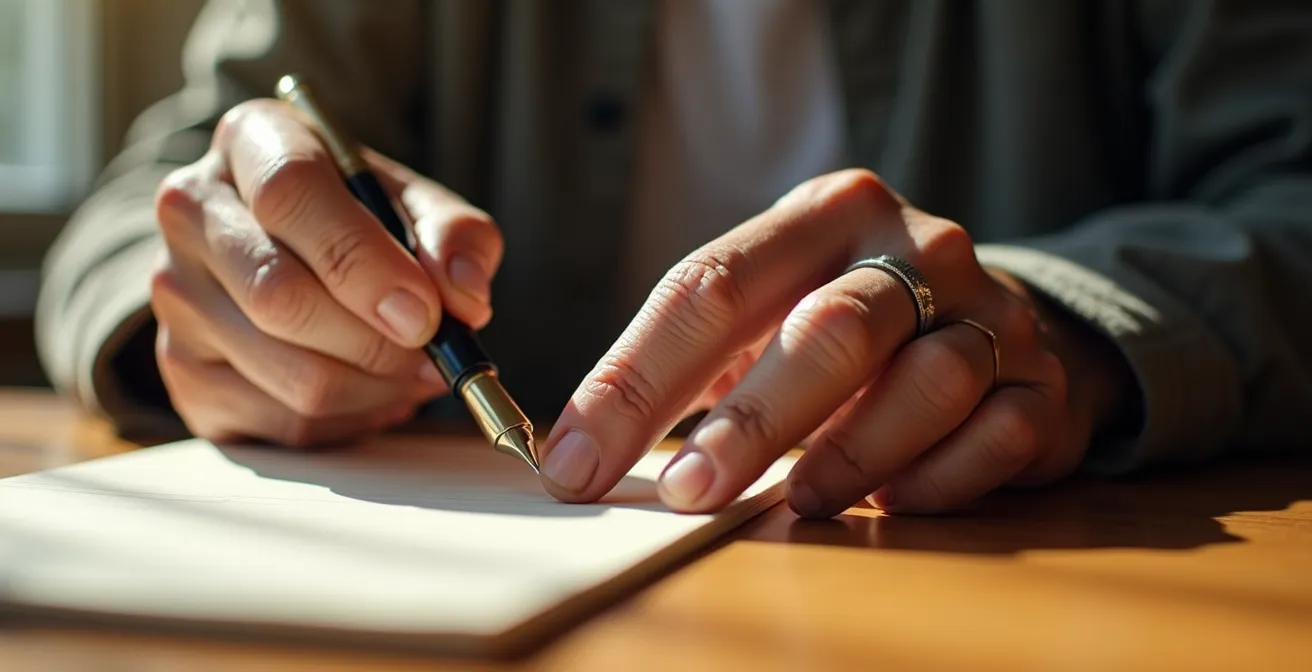 Mains tenant délicatement une plume sur une table en bois avec lumière naturelle