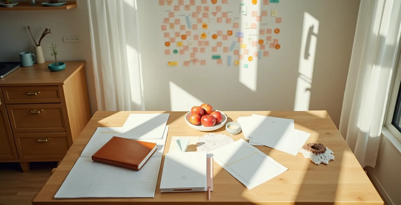 Vue en plongée d'une table familiale avec documents de planification santé et calendrier