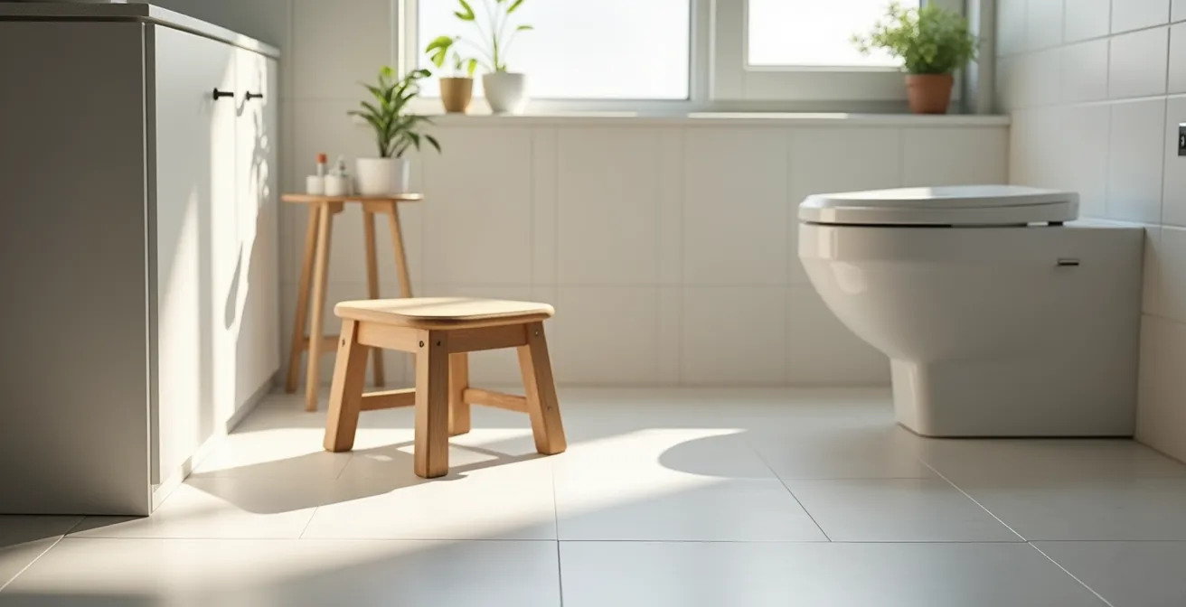 Démonstration de la position optimale aux toilettes avec surélévation des pieds sur un tabouret