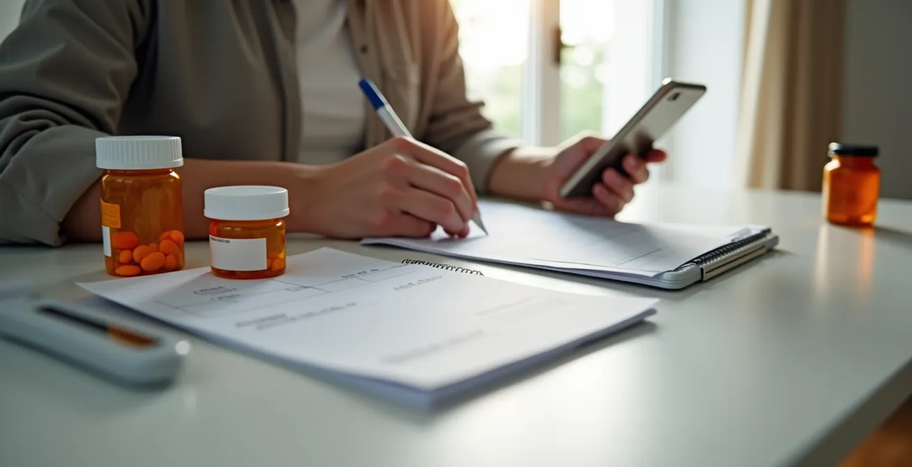 Personne préparant ses documents médicaux avant un appel téléphonique