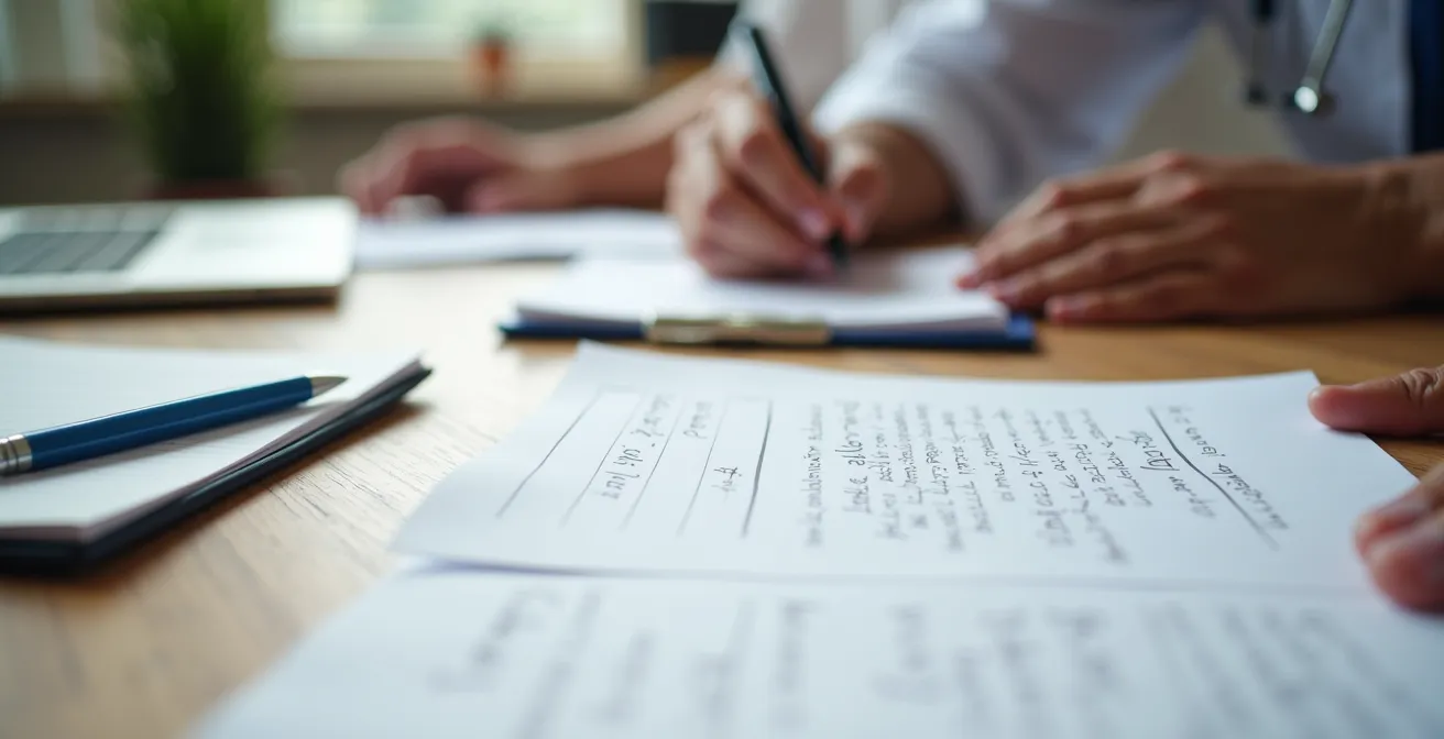Gros plan sur des mains organisant des documents médicaux sur une table avec stylo et carnet de notes