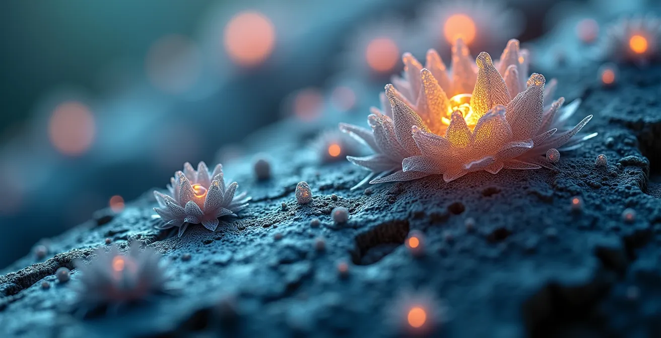 Vue microscopique artistique du processus d'autophagie cellulaire avec éclairage dramatique