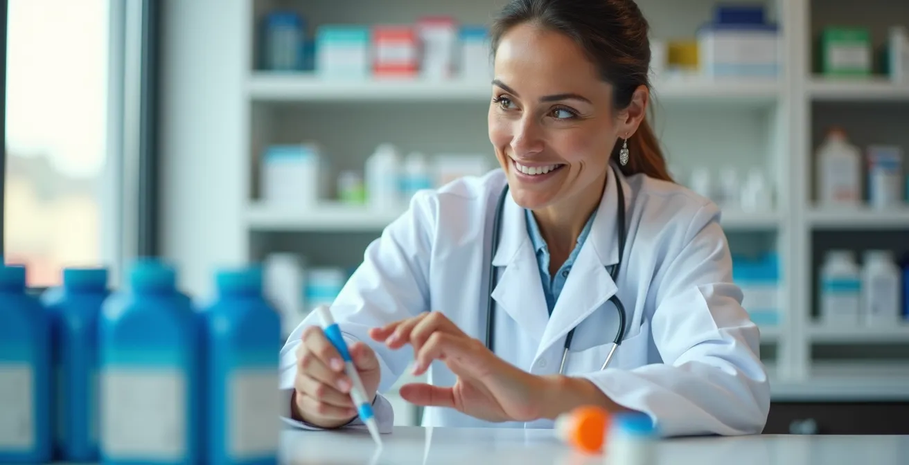 Pharmacien québécois préparant le vaccin contre le zona dans un environnement professionnel