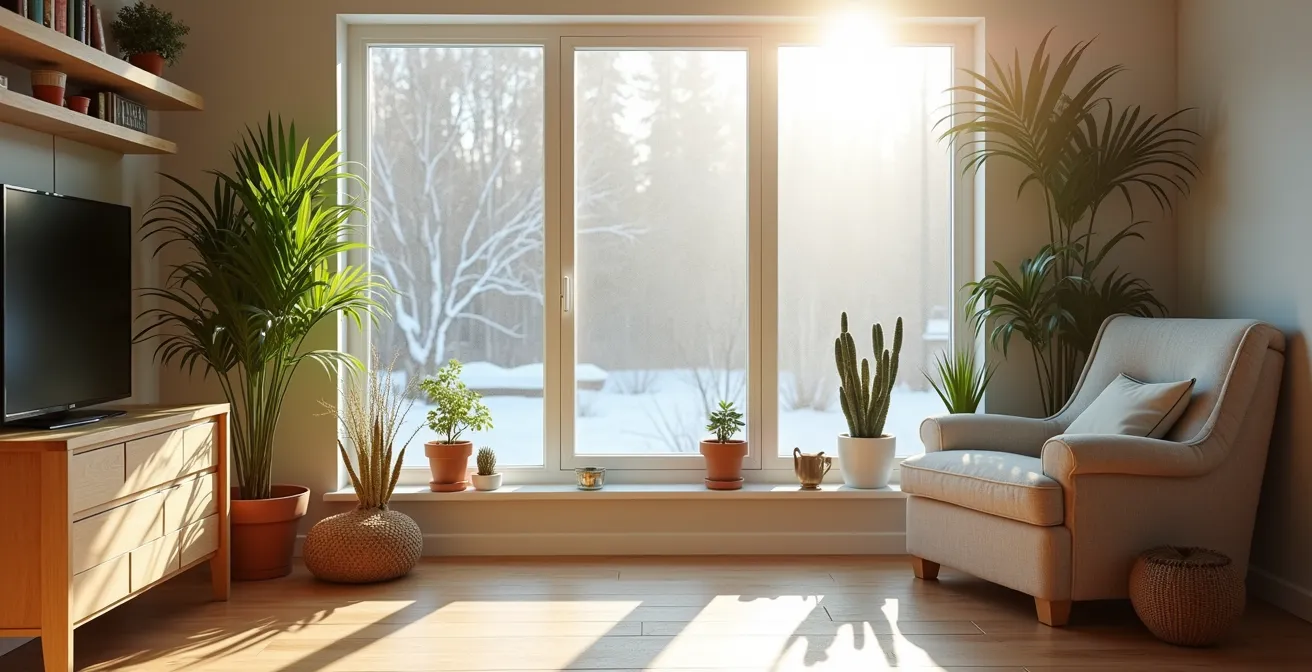 Intérieur chaleureux québécois avec plantes purificatrices et lumière naturelle