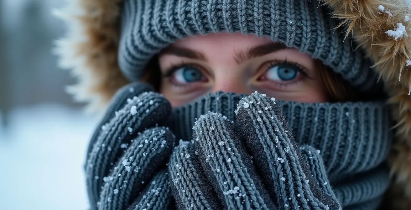 Gros plan sur des mains protégées par des mitaines doubles et un visage avec cache-cou par temps hivernal