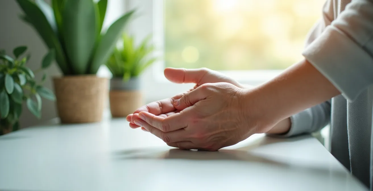 Personne âgée et aidant dans un environnement lumineux et sécuritaire avec plantes purifiantes
