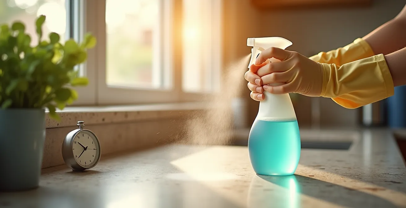 Mains appliquant un désinfectant sur une surface de comptoir avec minuteur visible