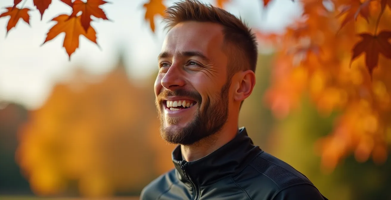 Personne pratiquant une marche de récupération dans un parc québécois en automne