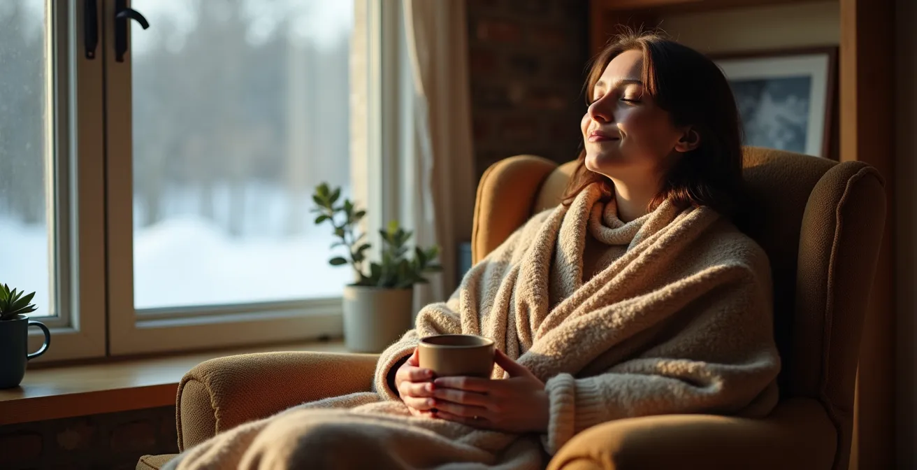 Personne en position de repos méditatif dans un intérieur chaleureux québécois