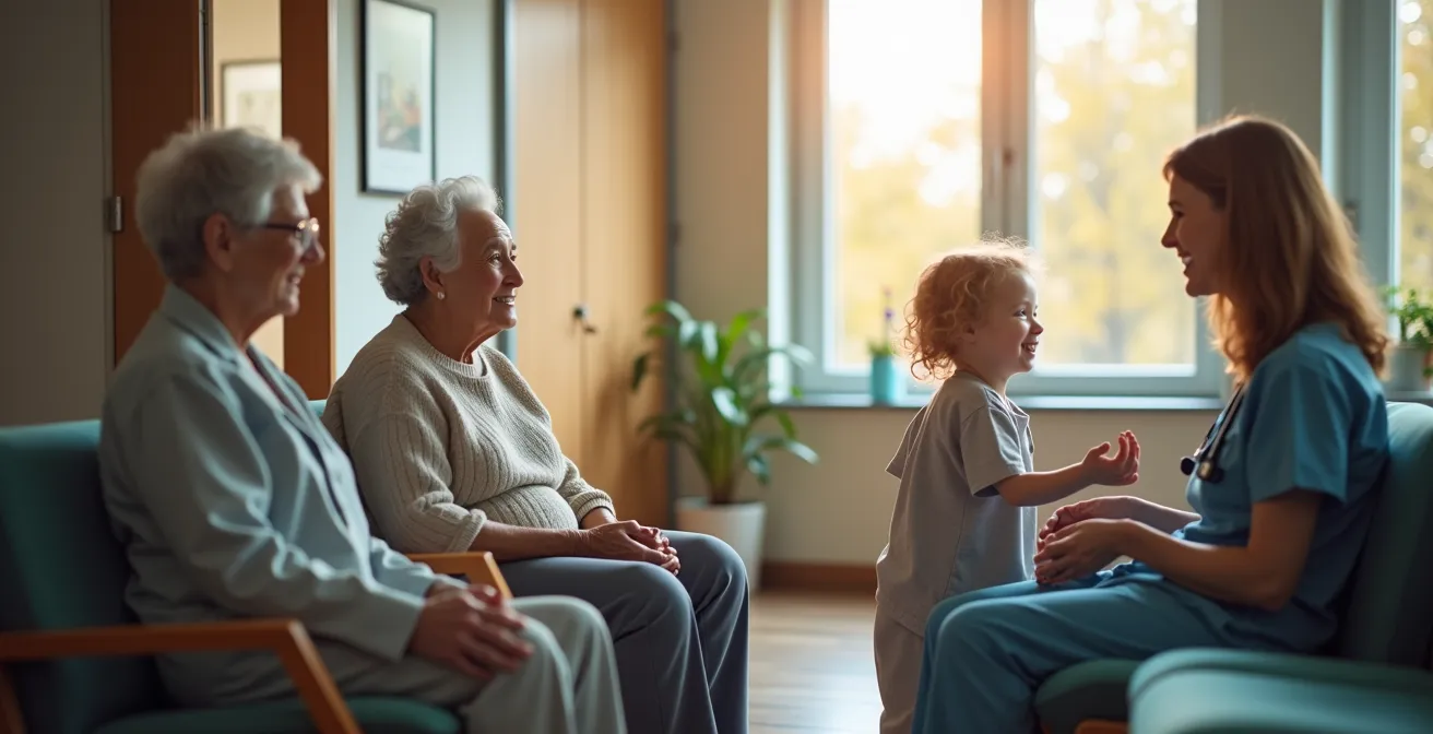 Espace d'accueil chaleureux d'un CLSC avec comptoir de réception et aire d'attente familiale