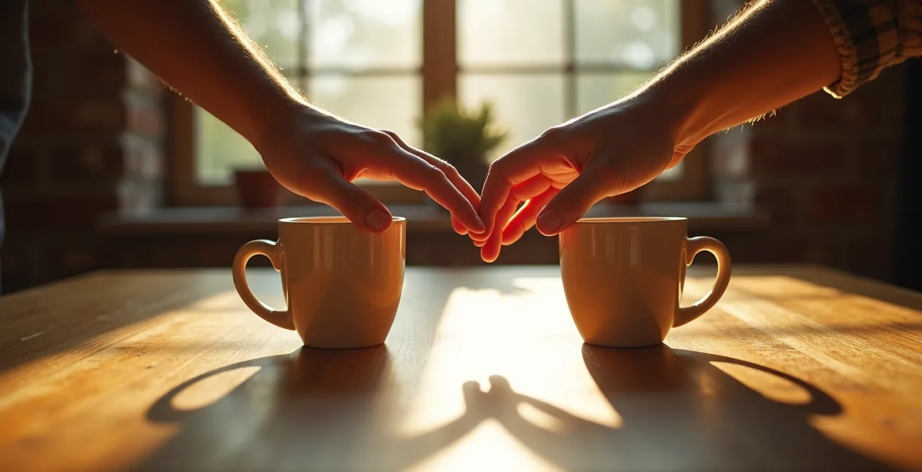Couple québécois se reconnectant après un conflit dans un salon chaleureux avec éléments typiques du Québec