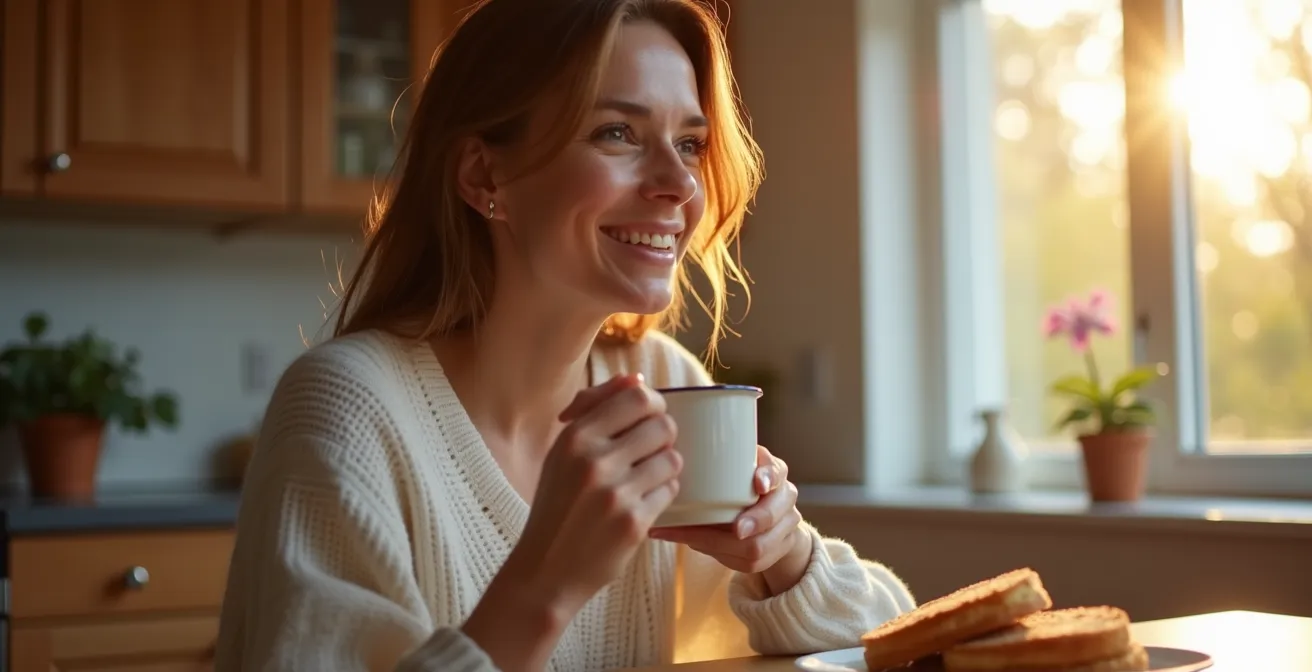 Routine matinale de resynchronisation avec exposition à la lumière naturelle et petit-déjeuner protéiné