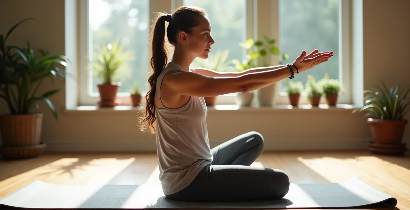 Personne pratiquant une torsion douce de yoga sur tapis dans un environnement paisible
