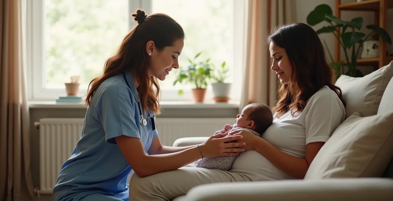 Infirmière du CLSC en visite postnatale à domicile avec une nouvelle maman et son bébé