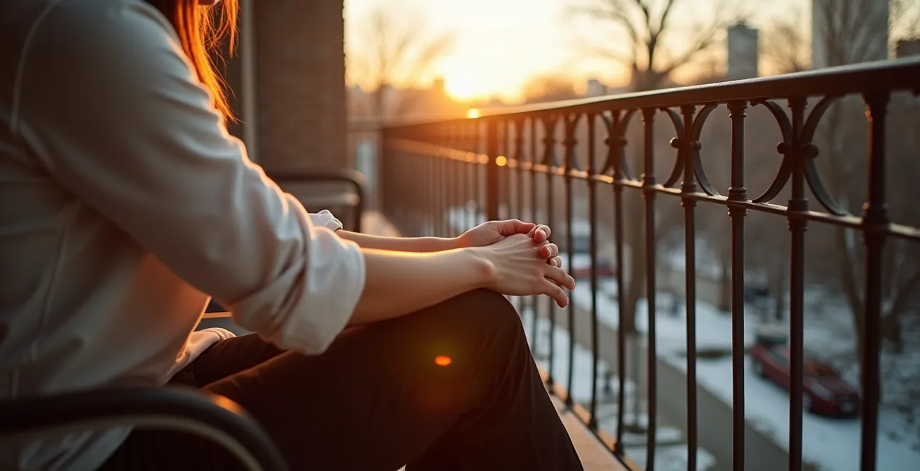 Personne exposant ses avant-bras au soleil sur un balcon au printemps au Québec, marquant la fin de la période de carence en vitamine D.