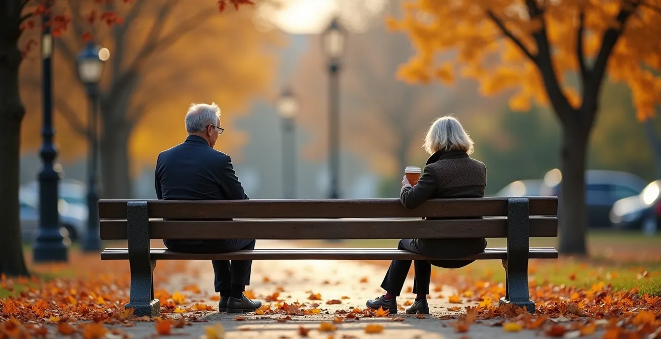 Deux personnes assises sur un banc de parc québécois en automne, l'une écoutant attentivement l'autre