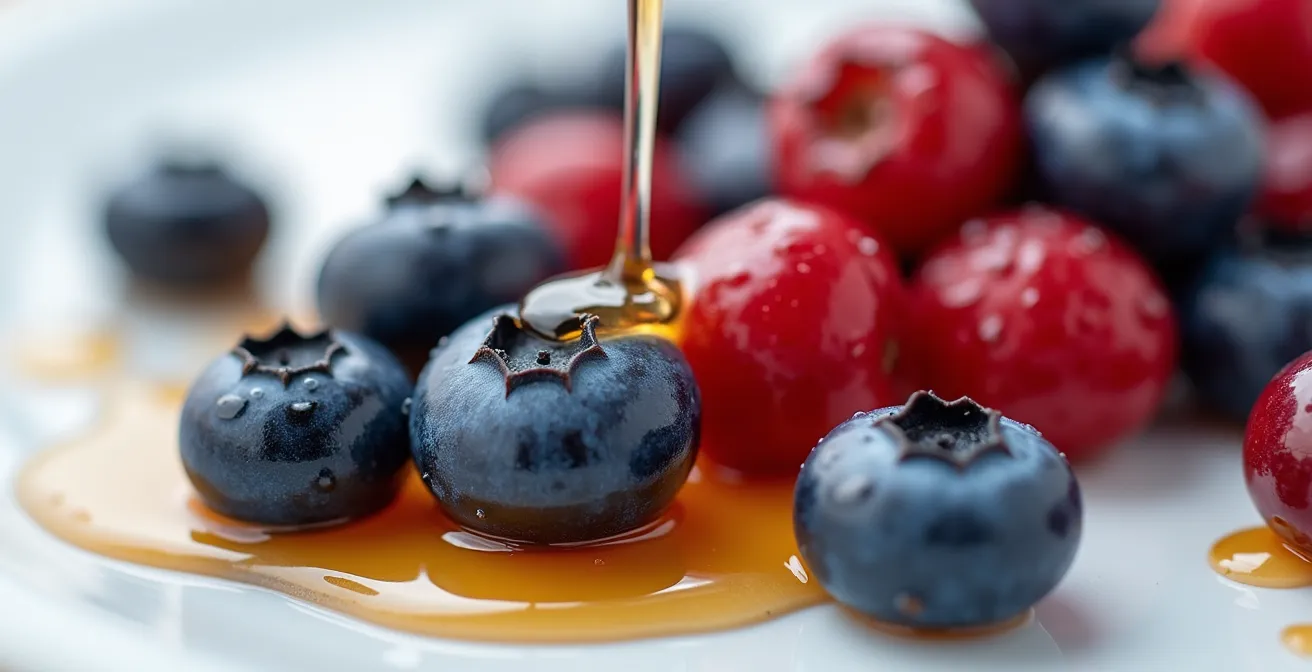 Composition artistique de bleuets sauvages, canneberges et sirop d'érable du Québec
