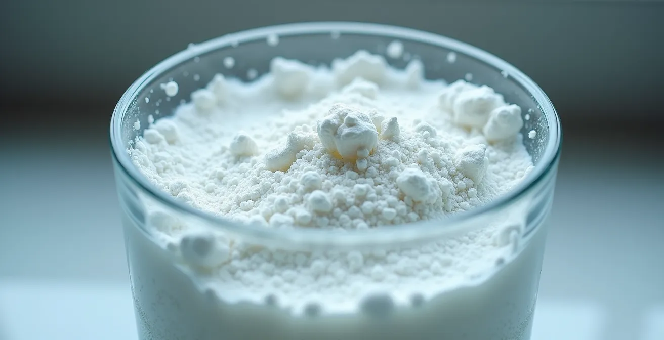 Préparation d'un supplément de créatine dans un verre d'eau sur un comptoir de cuisine