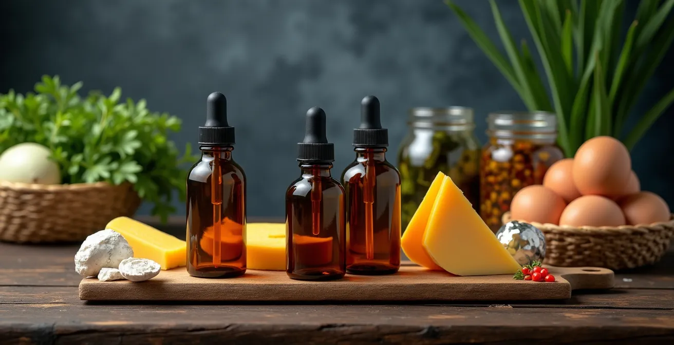 Arrangement de suppléments de vitamine D et de sources alimentaires locales comme du fromage et des œufs sur un comptoir en bois.