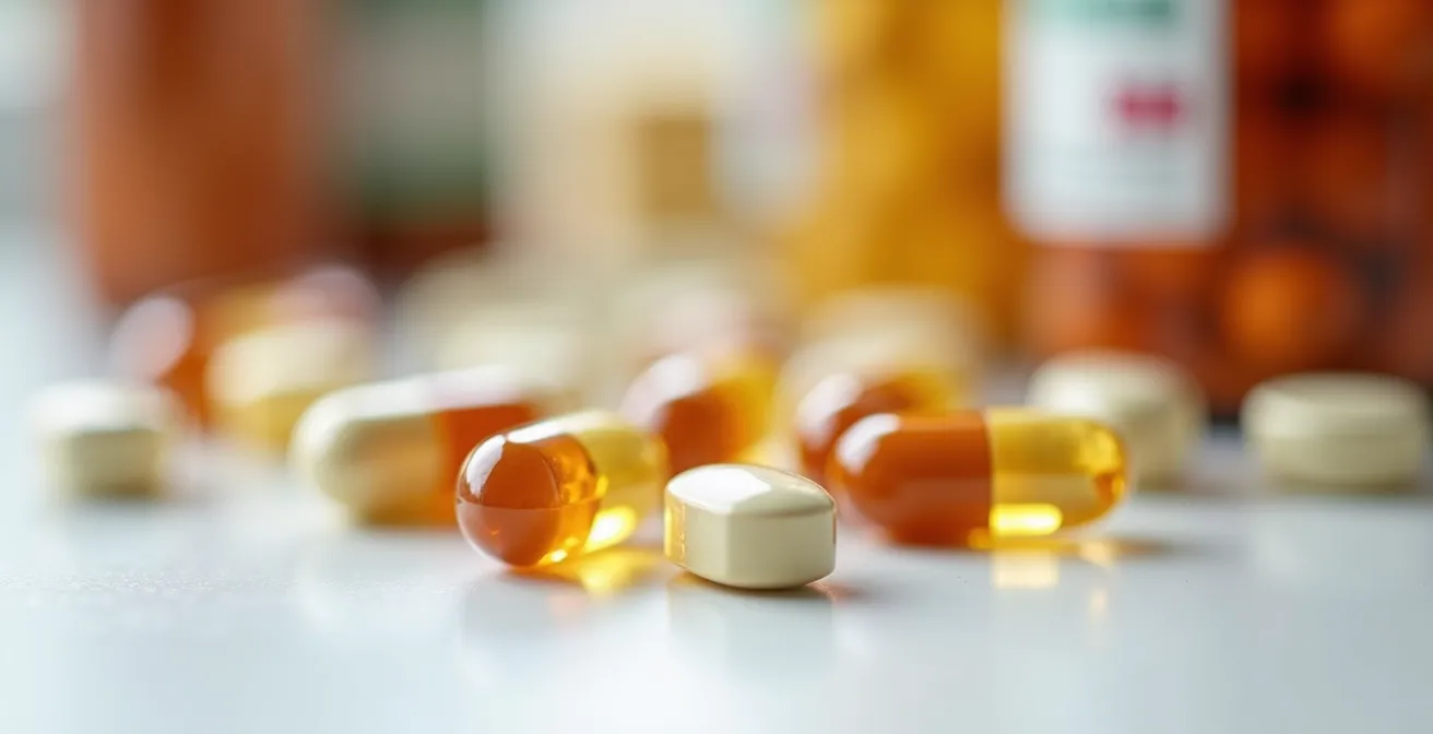 Vue macro de piluliers et flacons de vitamines fermés sur une surface épurée