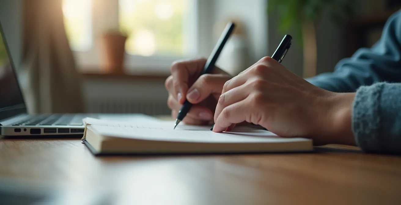 Professionnel québécois écrivant dans un journal intime, environnement de bureau moderne flou en arrière-plan