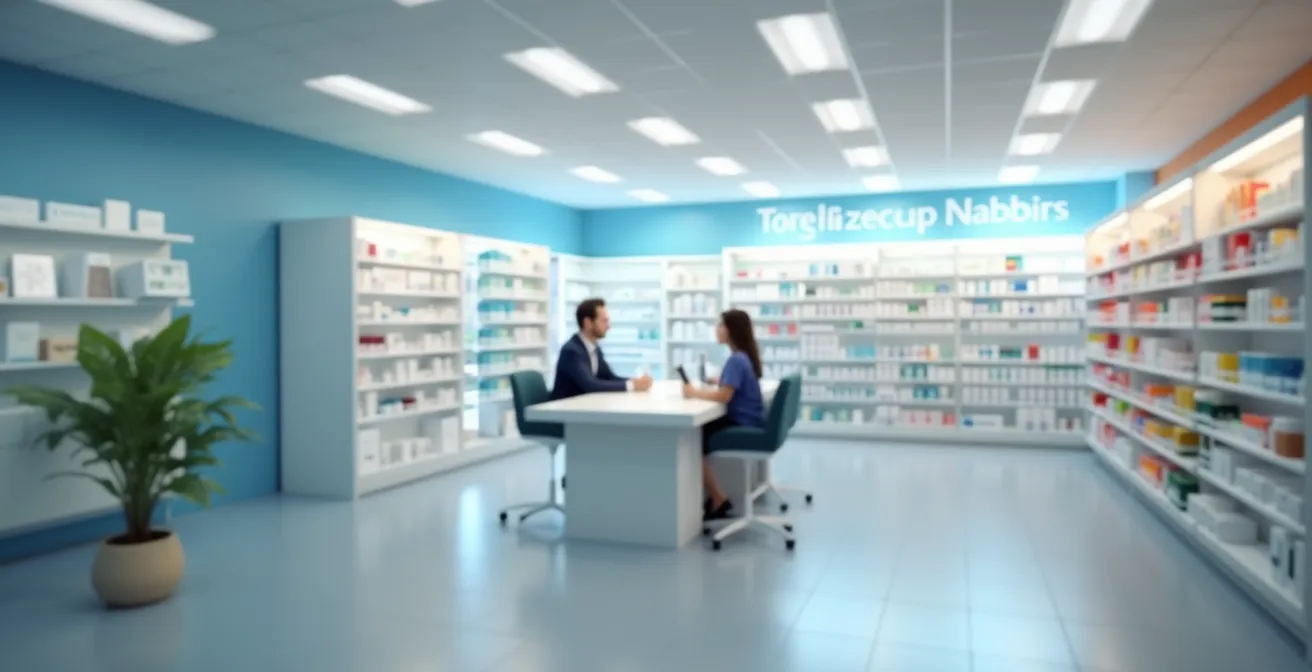 Pharmacien québécois consultant avec un patient dans une pharmacie communautaire moderne