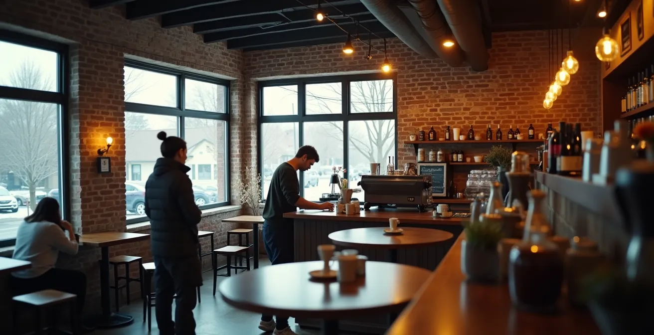 Scène d'un café québécois accueillant avec une personne commandant au comptoir