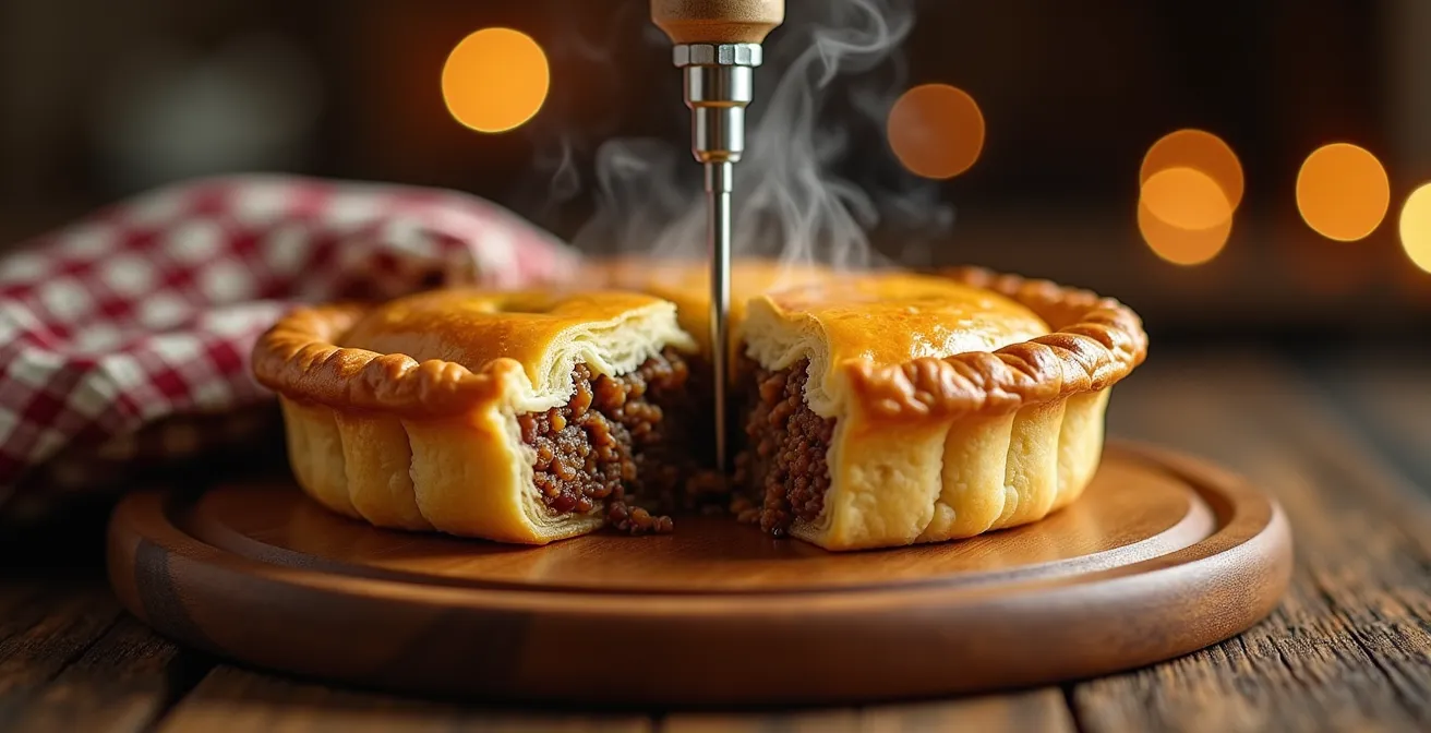 Main utilisant un thermomètre digital pour vérifier la température d'une tourtière québécoise