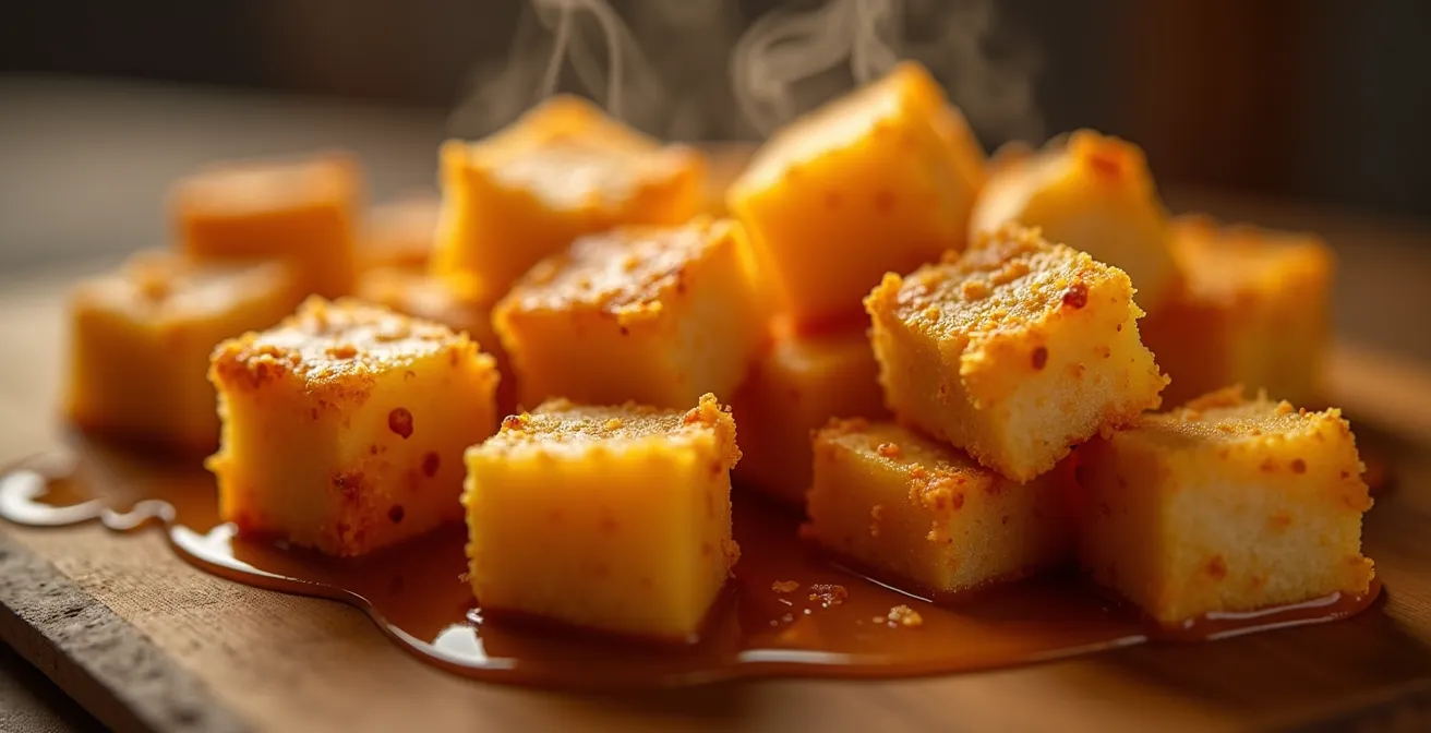 Cubes de tofu dorés et croustillants sortant d'une friteuse à air avec vapeur
