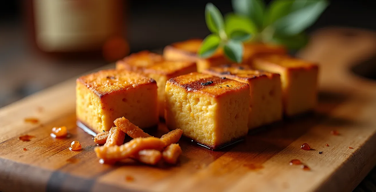 Tofu mariné et tempeh grillé sur planche de bois avec épices québécoises