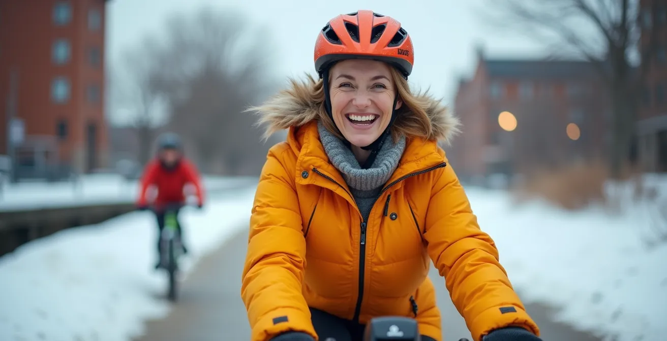 Cycliste utilisant un vélo électrique BIXI sur une piste cyclable déneigée du canal Lachine en hiver