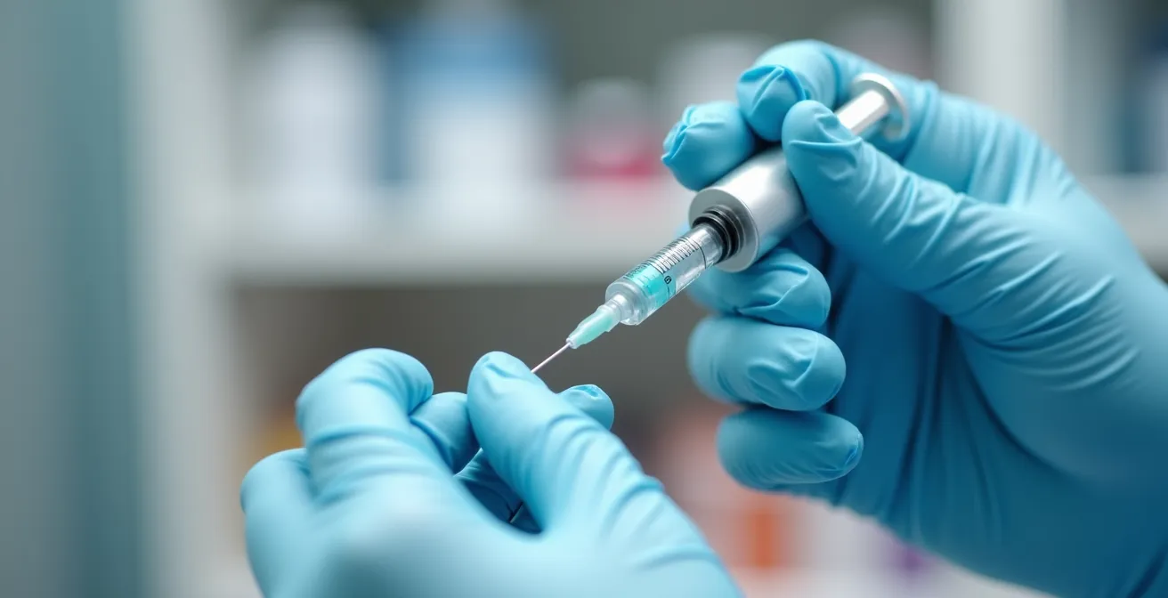 Gros plan macro sur une main de pharmacien préparant un vaccin