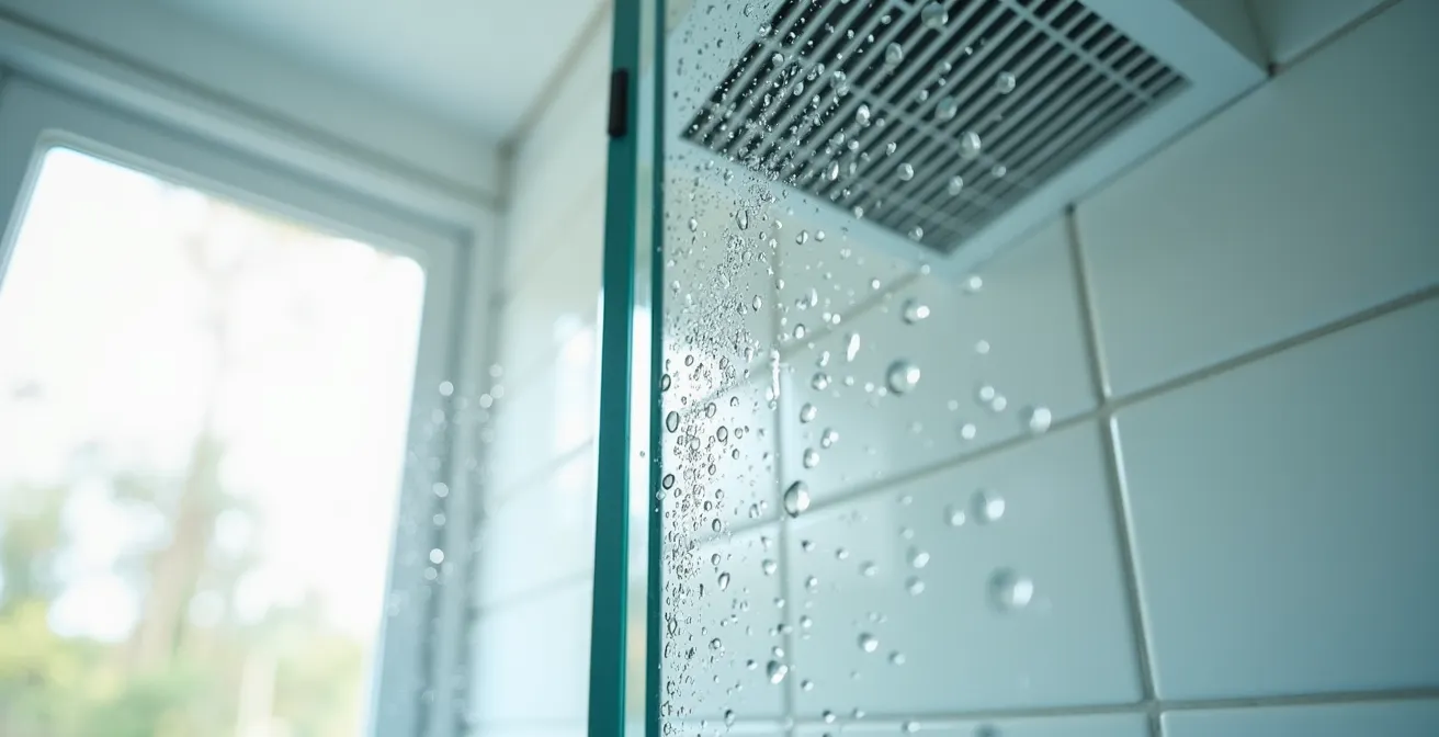 Salle de bain moderne avec ventilateur au plafond et fenêtre entrouverte laissant entrer la lumière naturelle