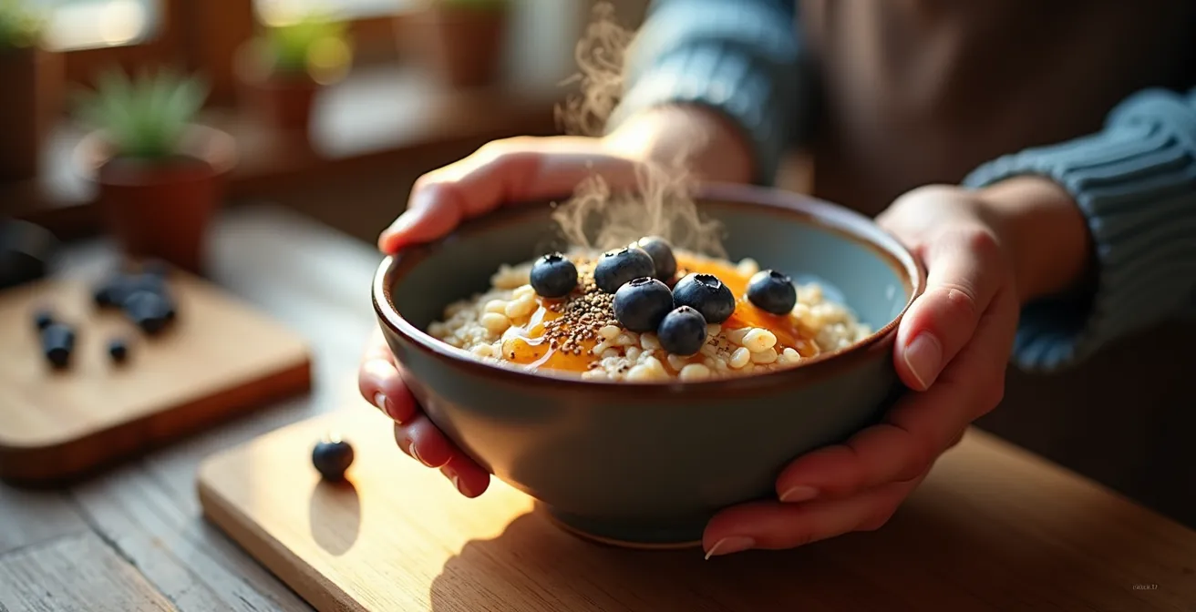Bol de gruau garni de bleuets sauvages et graines de chanvre sur table rustique