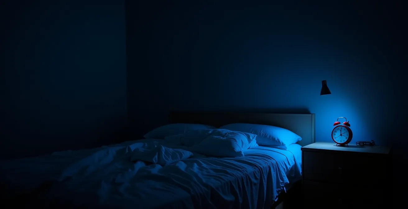 Chambre dans l'obscurité avec halo de lumière bleue émanant d'un téléphone posé sur table de nuit