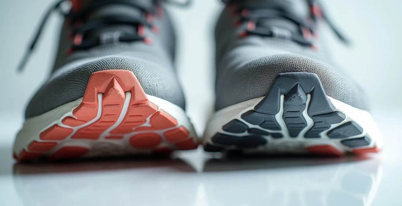 Gros plan macro sur l'usure de la semelle d'une chaussure de course montrant les zones de compression