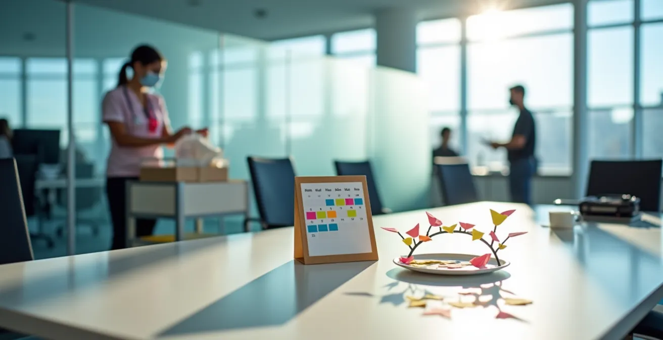 Scène de vaccination en milieu de travail montrant une infirmière et des employés dans un environnement professionnel